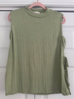 Sugarfox Sage Green Ribbed Mock Neck Tank with Side Tie Detail